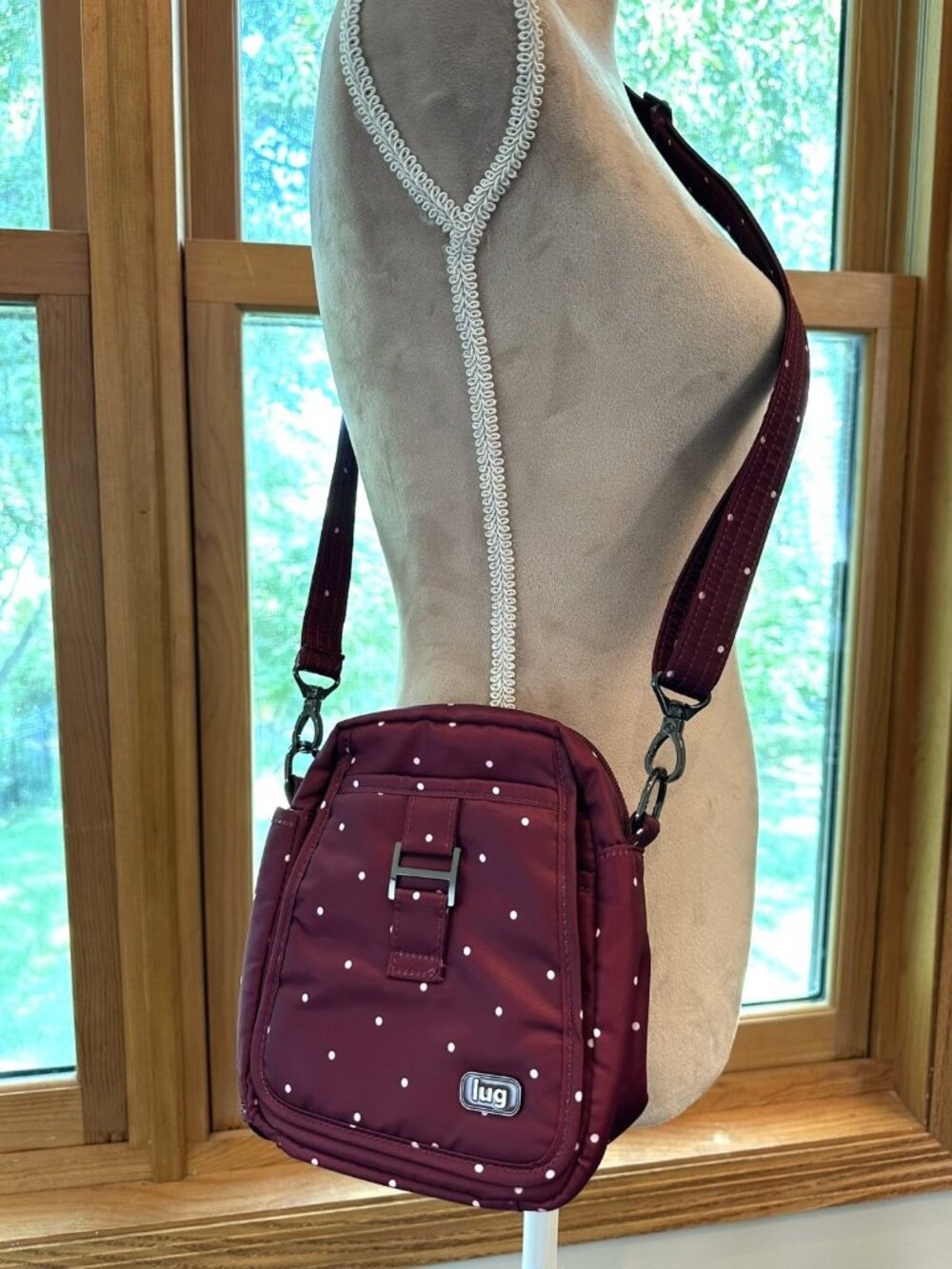 Lug Can Can Convertible Crossbody Belt Bag Burgundy Polka Dot RFID Nylon